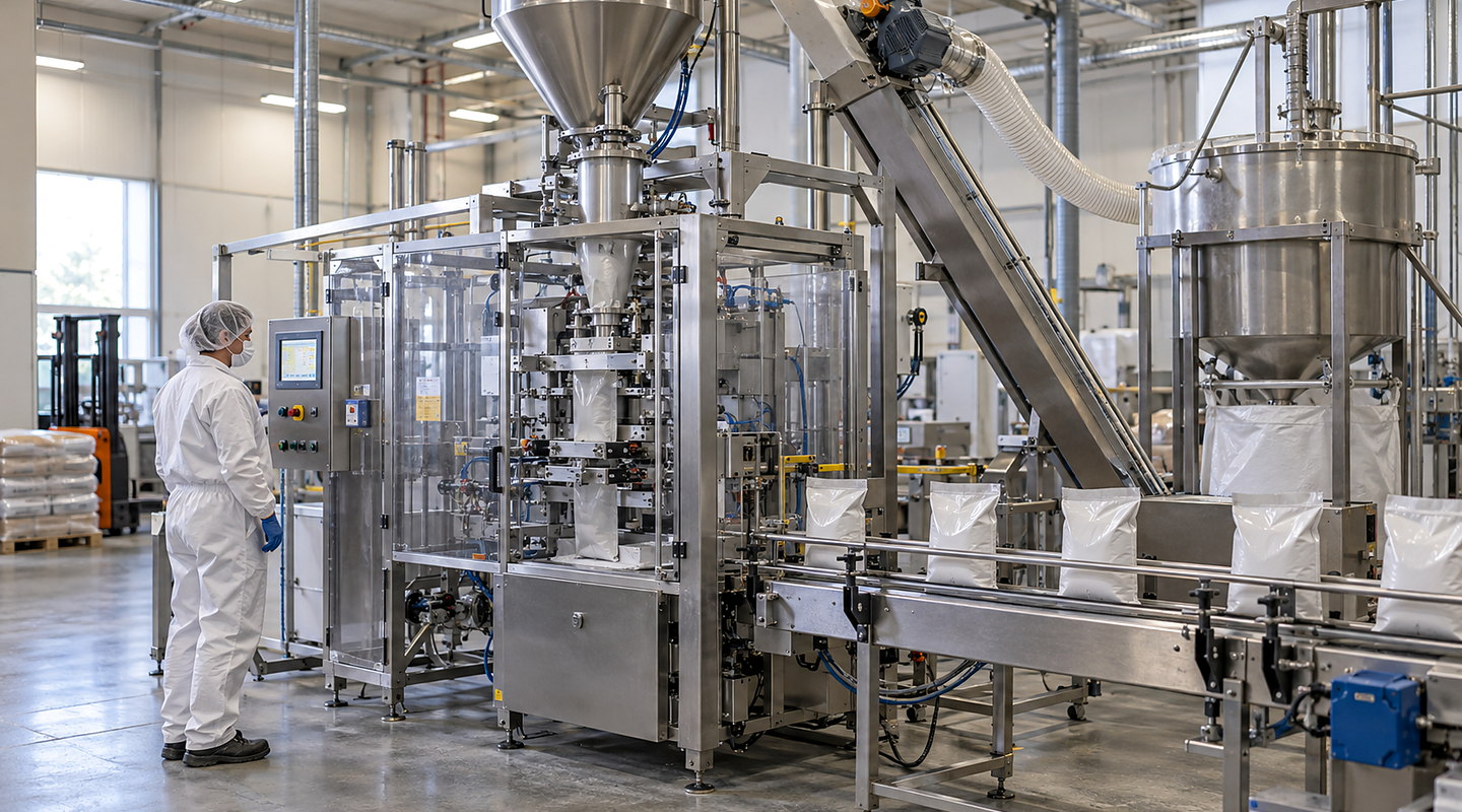 A guarded powder pouch line in production with hopper, dosing station, local dust extraction and sealed pouches on discharge.